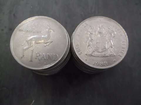 COINS : SOUTH AFRICAN R1 NICKEL 1988 ( TOTAL OF 21 COINS )